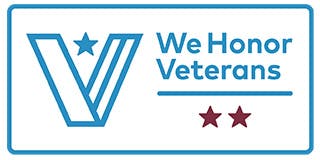 Badge that says, "We Honor Veterans" with 2 stars